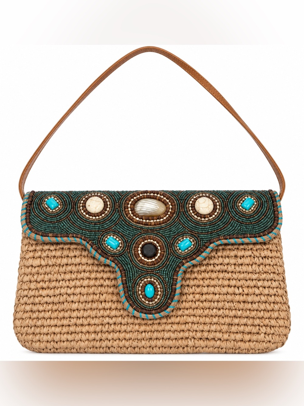 Skemo Turquoise and Tan Beaded Woven Clutch